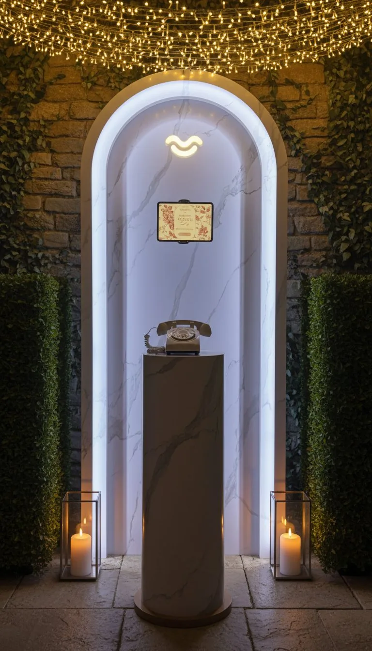 Video guestbook installation in an elegant garden setting with fairy lights
