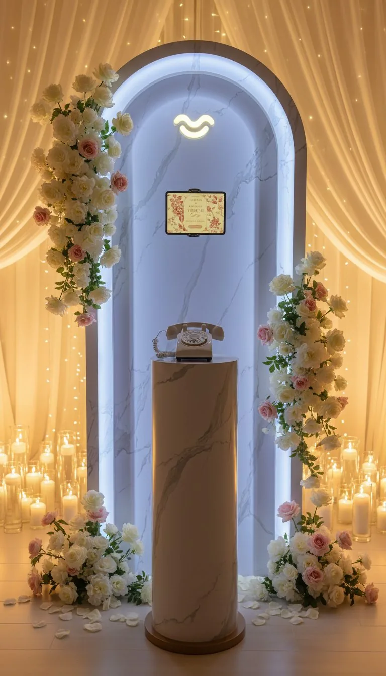 Video guestbook installation at a luxury wedding venue in Dubai with flowers and candles